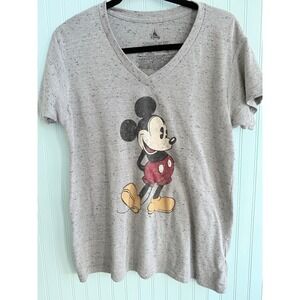 Disney Mickey Mouse Graphic V Neck T Shirt Gray Speckled Retro
